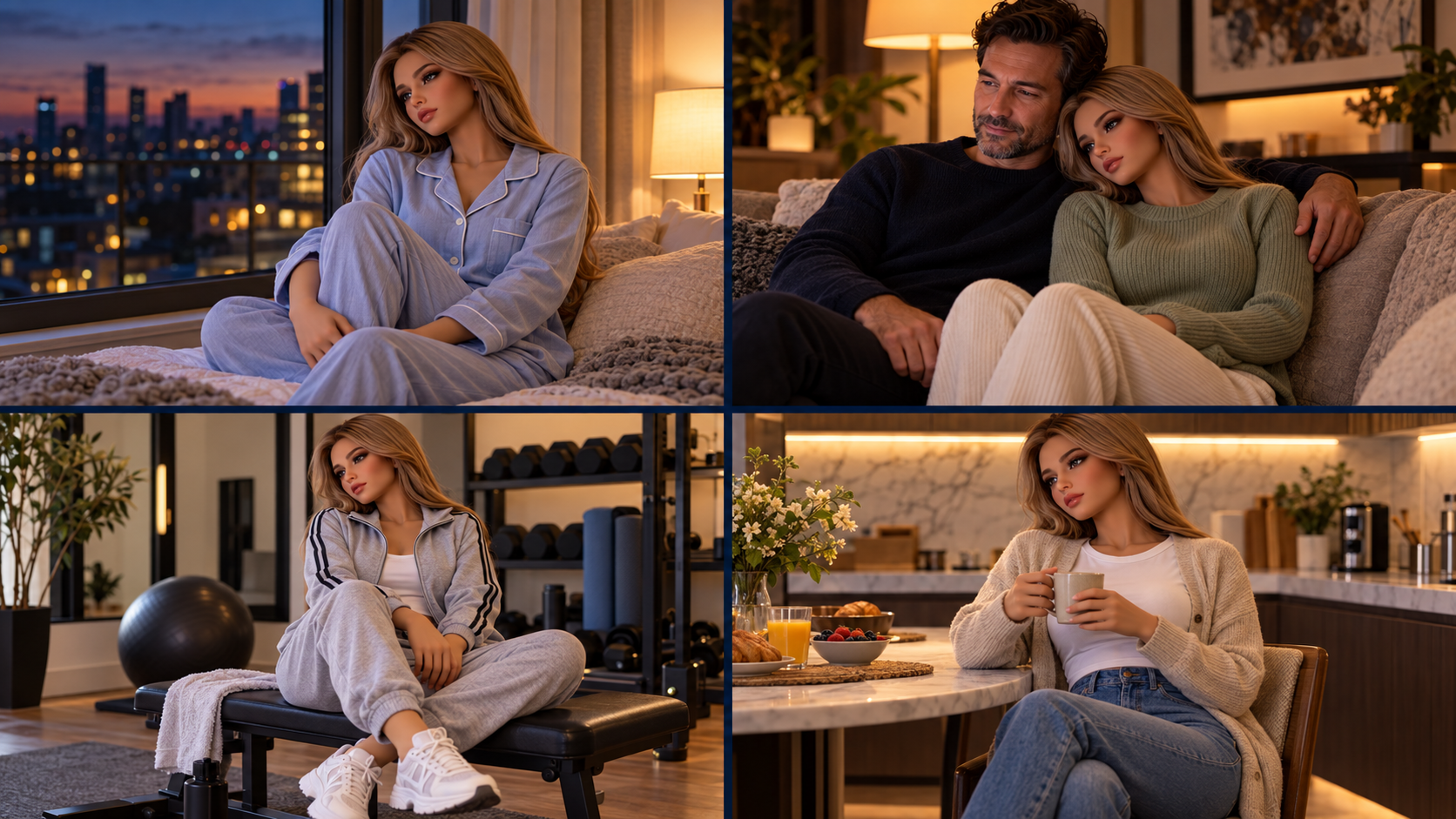 The same companion doll in cotton pyjamas, a cosy jumper beside her owner, a tracksuit, and casual jeans with a cardigan